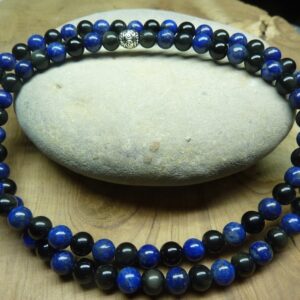 Collier Lapis Lazuli-Obsidienne oeil céleste - Perles rondes 6 mm