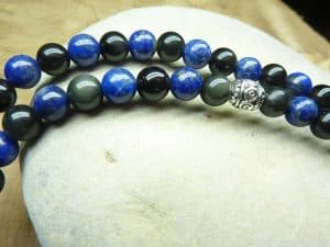 Collier Lapis Lazuli-Obsidienne oeil céleste - Perles rondes 6 mm