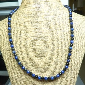 Collier Lapis Lazuli-Obsidienne oeil céleste - Perles rondes 6 mm