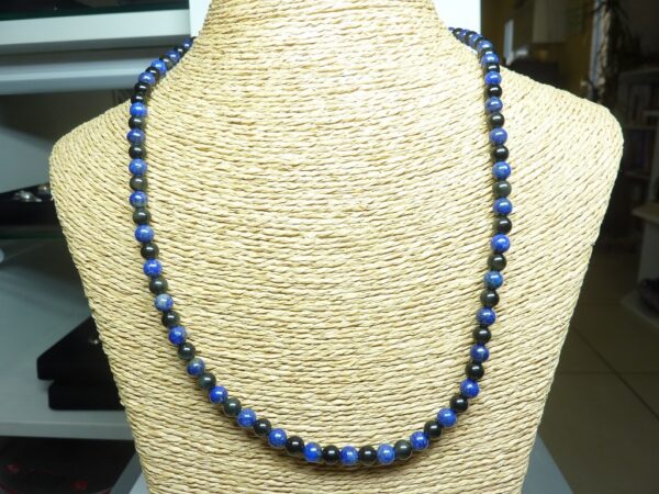 Collier Lapis Lazuli-Obsidienne oeil céleste - Perles rondes 6 mm