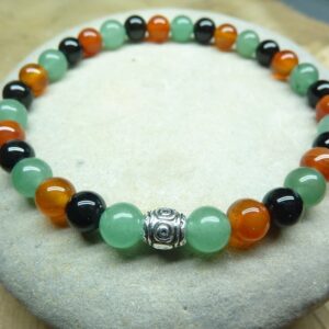 Bracelet aventurine verte-Cornaline-Tourmaline noire perles rondes 6 mm