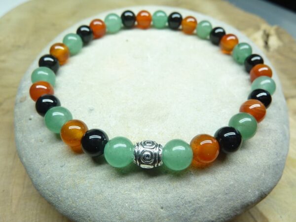 Bracelet aventurine verte-Cornaline-Tourmaline noire perles rondes 6 mm
