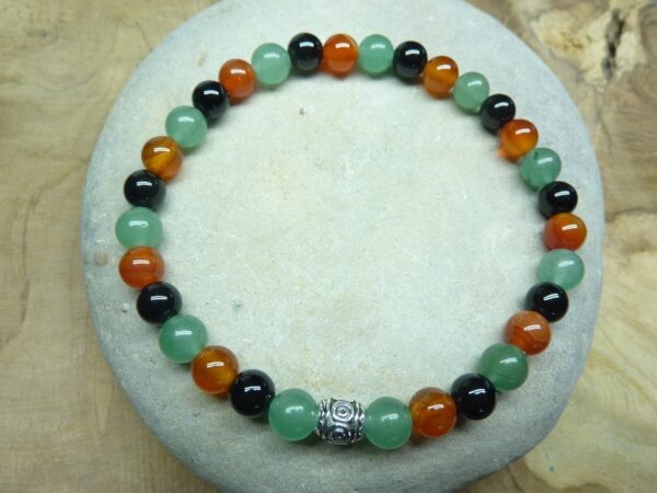Bracelet aventurine verte-Cornaline-Tourmaline noire perles rondes 6 mm