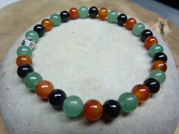 Bracelet aventurine verte-Cornaline-Tourmaline noire perles rondes 6 mm