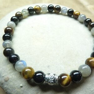 Bracelet Spinelle noir-oeil de tigre-Labradorite 6 mm