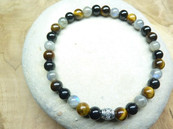 Bracelet Spinelle noir-oeil de tigre-Labradorite 6 mm
