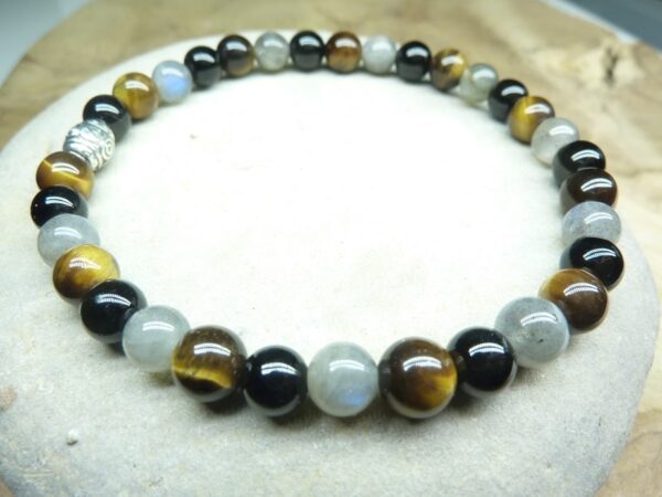 Bracelet Spinelle noir-oeil de tigre-Labradorite 6 mm