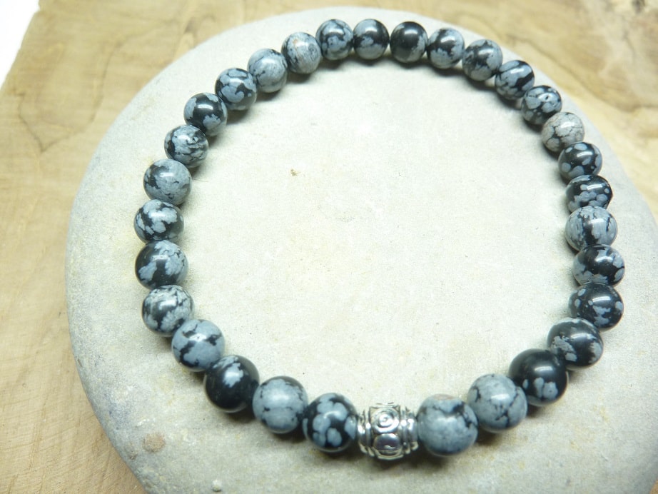 Bracelet Obsidienne flocon de neige - Perles rondes 6 mm