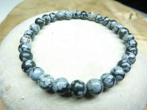 Bracelet Obsidienne flocon de neige - Perles rondes 6 mm