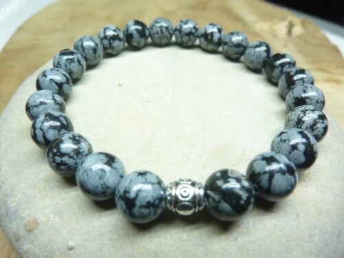 Bracelet Obsidienne flocon de neige - Perles rondes 8 mm