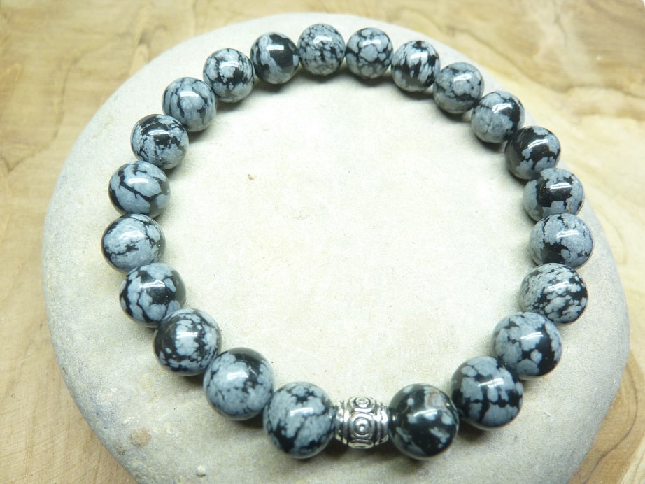 Bracelet Obsidienne flocon de neige - Perles rondes 8 mm