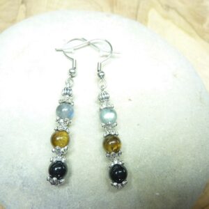 Boucles d'oreilles Oeil de tigre-Labradorite-Tourmaline noire 6 mm