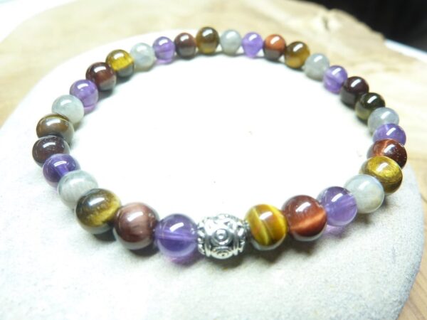 Bracelet Oeil de tigre-taureau-Labradorite-Améthyste - Perles rondes 6 mm