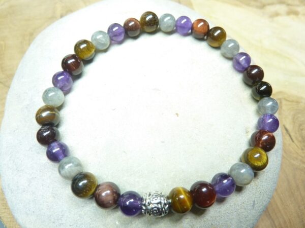 Bracelet Oeil de tigre-taureau-Labradorite-Améthyste - Perles rondes 6 mm