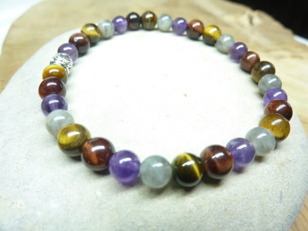 Bracelet Oeil de tigre-taureau-Labradorite-Améthyste - Perles rondes 6 mm