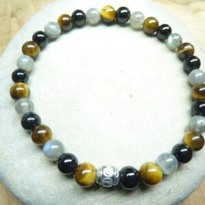 Bracelet Oeil de tigre-Labradorite-Tourmaline noire 6 mm