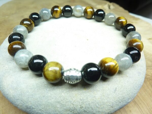 Bracelet Oeil de tigre-Labradorite-Tourmaline noire 8 mm