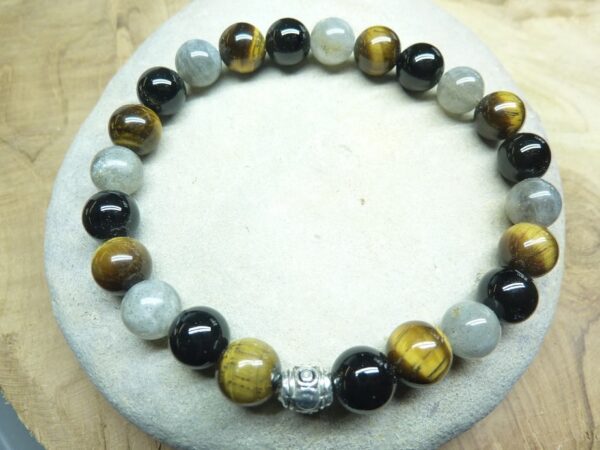 Bracelet Oeil de tigre-Labradorite-Tourmaline noire 8 mm