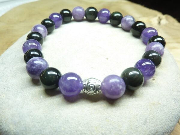 Bracelet Lépidolite-Améthyste-Obsidienne oeil céleste - Perles rondes 8 mm