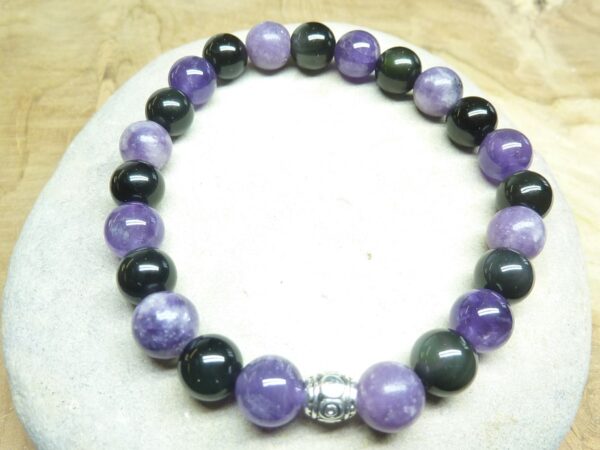 Bracelet Lépidolite-Améthyste-Obsidienne oeil céleste - Perles rondes 8 mm