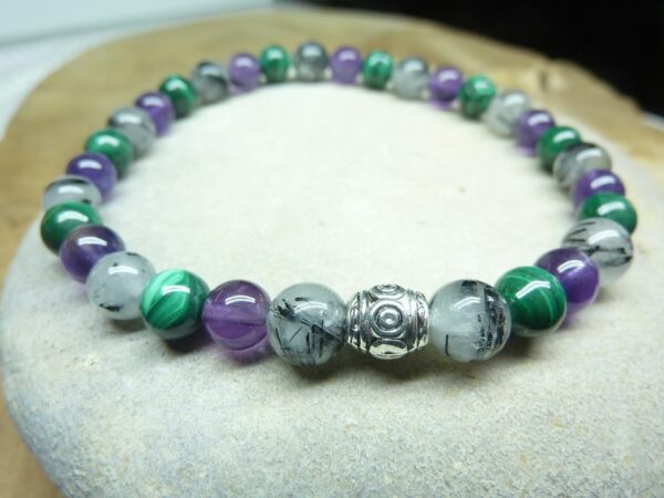 Bracelet Améthyste-Malachite-Quartz Tourmaliné - Perles rondes 6 mm