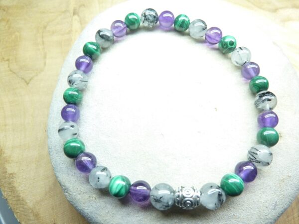Bracelet Améthyste-Malachite-Quartz Tourmaliné - Perles rondes 6 mm