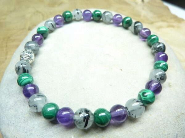 Bracelet Améthyste-Malachite-Quartz Tourmaliné - Perles rondes 6 mm
