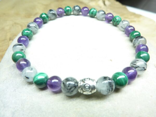 Bracelet Améthyste-Malachite-Quartz Tourmaliné - Perles rondes 6 mm