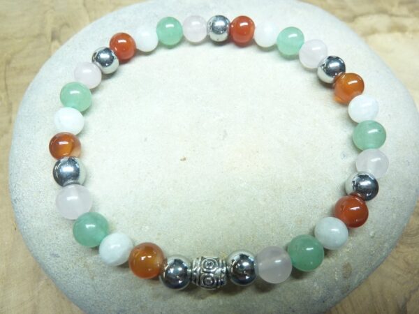Bracelet Pierre de lune-Quartz rose-Cornaline-Hématite - Perles rondes 6 mm