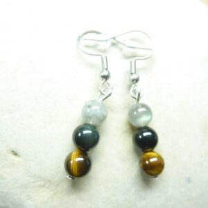 Boucles d'oreilles Oeil de tigre-Labradorite-Tourmaline noire 6 mm