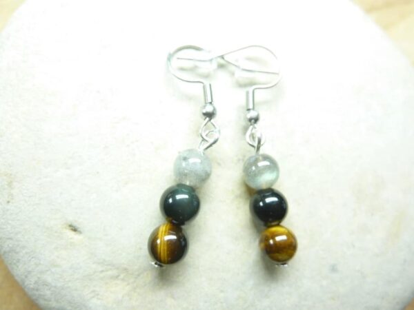 Boucles d'oreilles Oeil de tigre-Labradorite-Tourmaline noire 6 mm