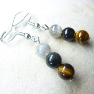 Boucles d'oreilles Oeil de tigre-Labradorite-Tourmaline noire 6 mm