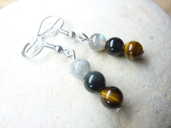 Boucles d'oreilles Oeil de tigre-Labradorite-Tourmaline noire 6 mm