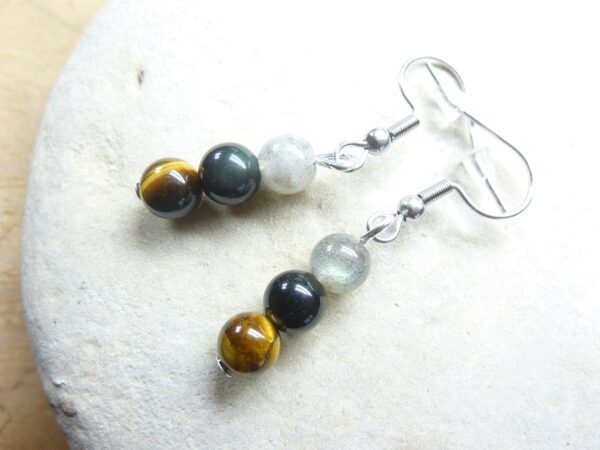 Boucles d'oreilles Oeil de tigre-Labradorite-Tourmaline noire 6 mm