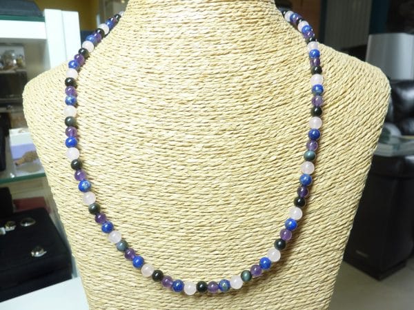 Collier Améthyste-Lapis Lazuli-Obsidienne oeil céleste-Quartz rose