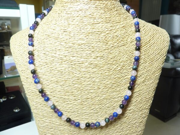 Collier Améthyste-Lapis Lazuli-Obsidienne oeil céleste-Quartz rose
