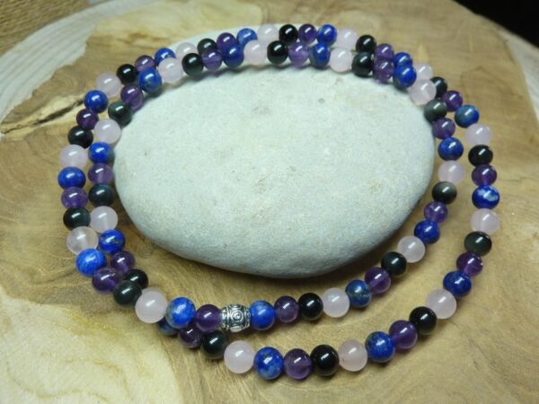 Collier Améthyste-Lapis Lazuli-Obsidienne oeil céleste-Quartz rose
