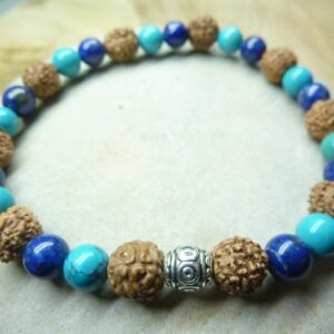 Bracelet Turquoise-Lapis lazuli-Rudraksha perles rondes 8-6 mm