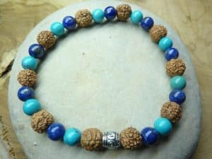 Bracelet Turquoise-Lapis lazuli-Rudraksha perles rondes 8-6 mm
