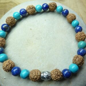 Bracelet Turquoise-Lapis lazuli-Rudraksha perles rondes 8-6 mm