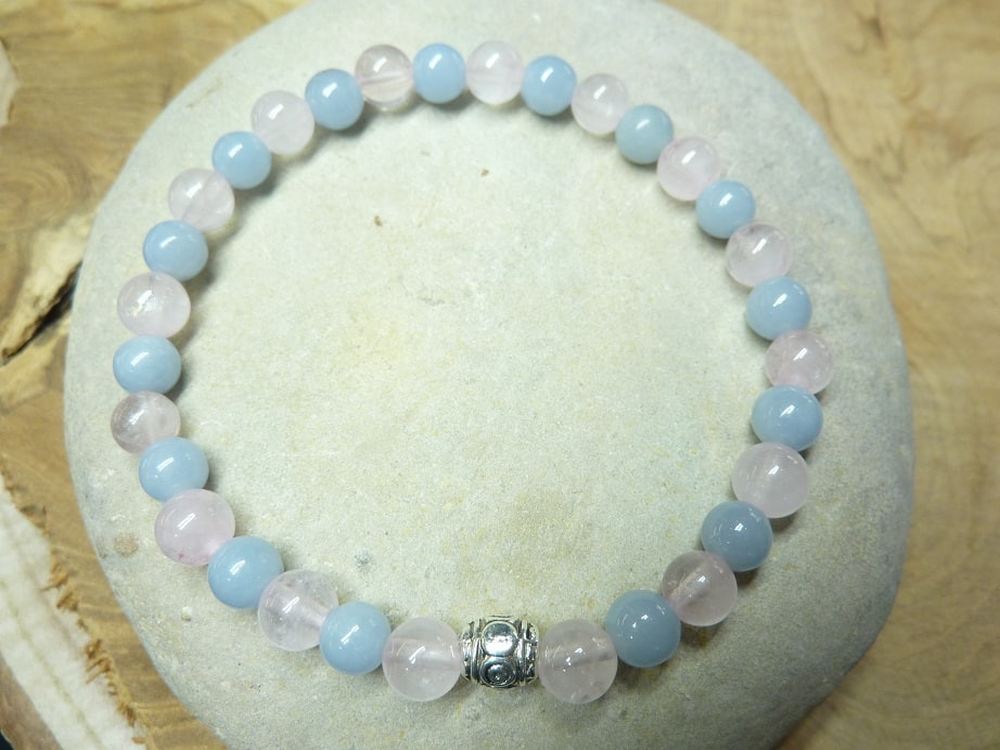 Bracelet Quartz rose-Angèlite - perles rondes 6 mm