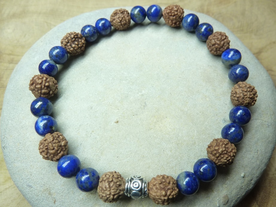 Bracelet Lapis lazuli-Rudraksha perles rondes 8-6 mm