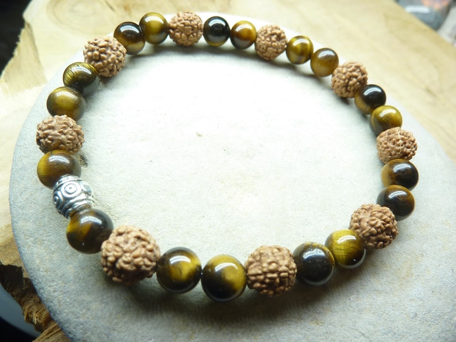 Bracelet Oeil de tigre-Rudraksha perles rondes 8-6 mm
