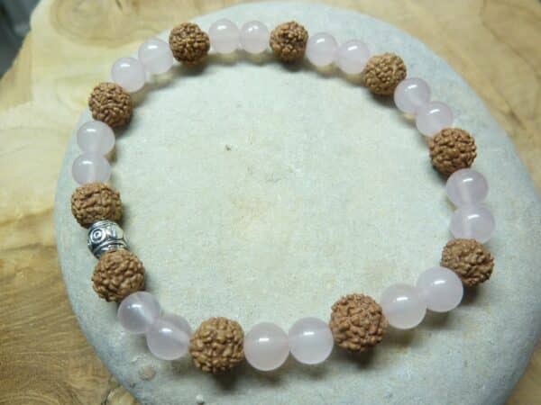 Bracelet Quartz rose-Rudraksha perles rondes 8-6 mm