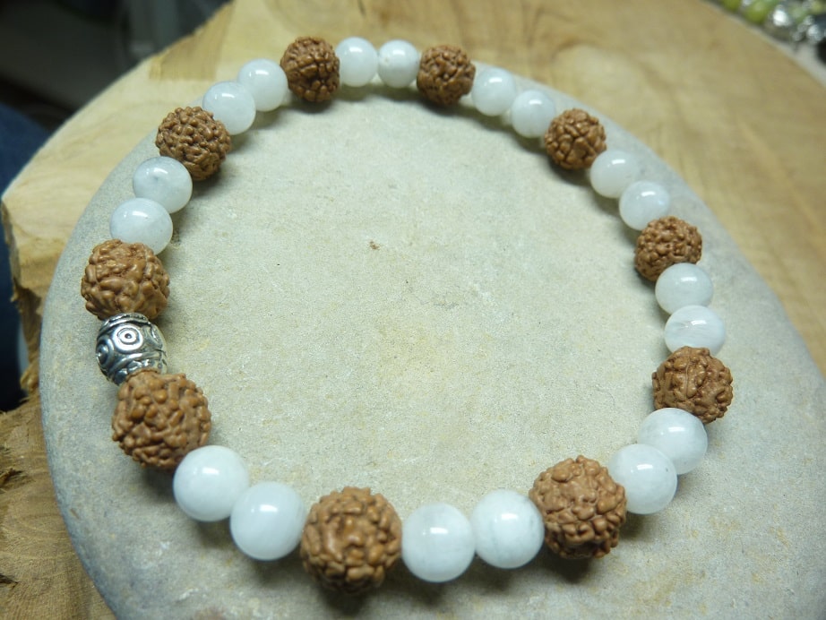 Bracelet Pierre de lune-Rudraksha perles rondes 8-6 mm