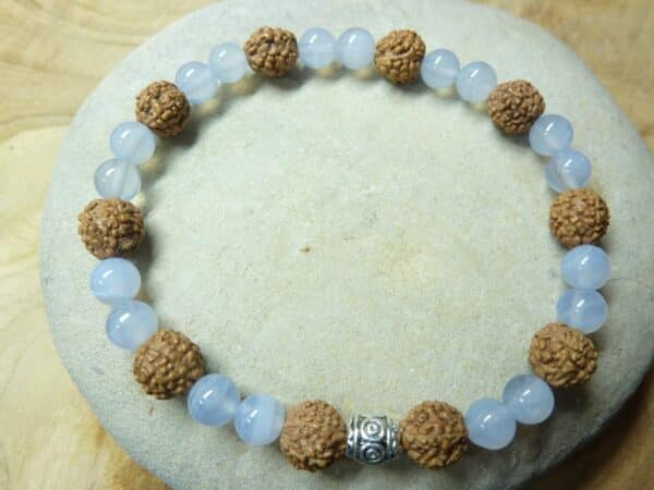 Bracelet Calcédoine bleue-Rudraksha perles rondes 8-6 mm