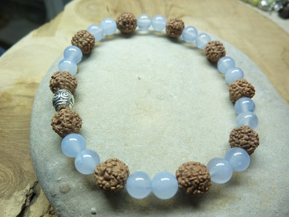 Bracelet Calcédoine bleue-Rudraksha perles rondes 8-6 mm