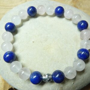 Bracelet Lapis lazuli-Quartz rose - Perles rondes 8 mm