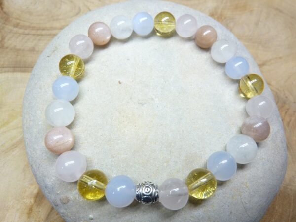 Bracelet Citrine-Quartz rose-Calcédoine bleue-Pierre de lune-pierre de soleil-Perles 8 mm