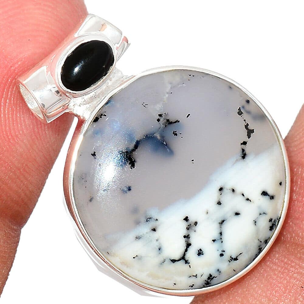 Pendentif Merlinite opale dentritique-Onyx noir Monture argent 925 REF 6857